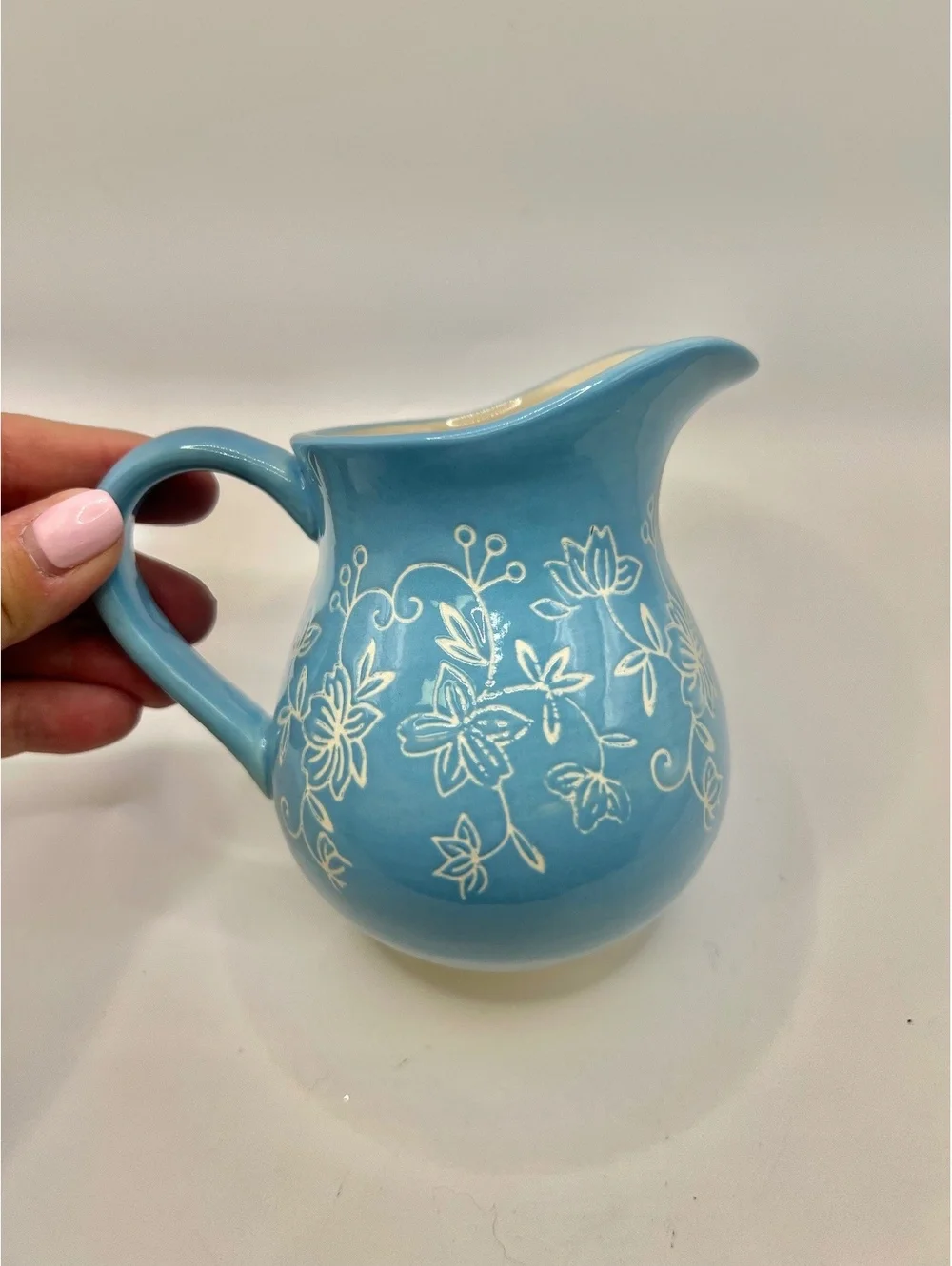 Cottagecore light blue ceramic Sugar Creamer Ivory Floral Design 4” tall